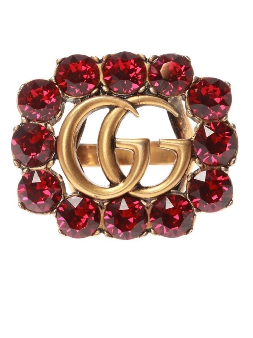 Gucci Aged Bronze Marmont Ring with Red Crystal Interlocking G S 605820 8580